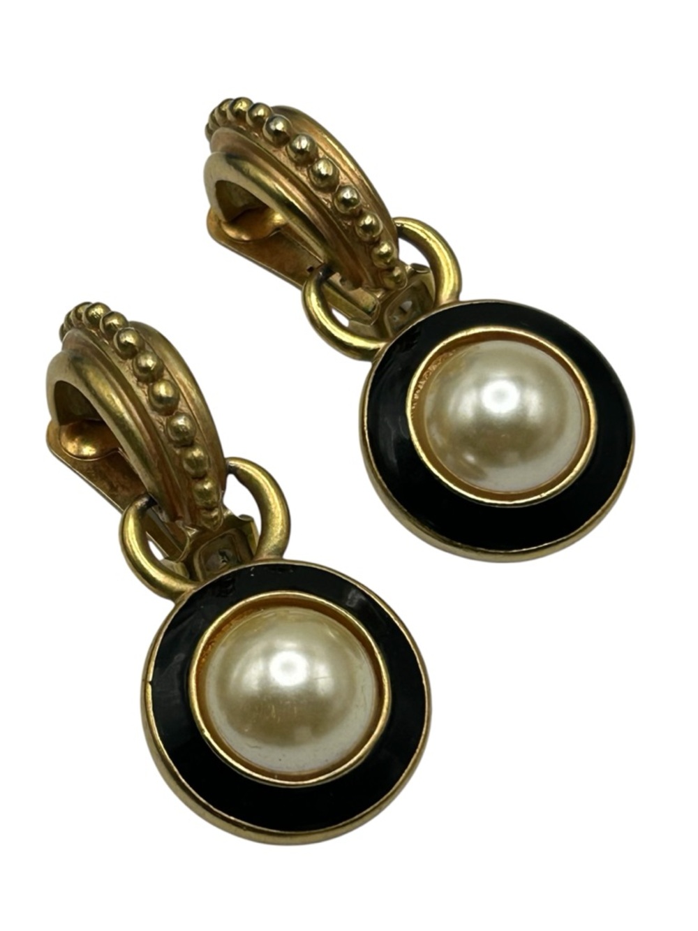 Vintage Etruscan Style Faux Pearl Drop Doorknocker Earrings